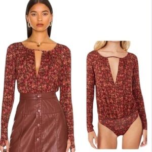 FREE PEOPLE | Long Sleeve floral Bodysuit with front cut out XS